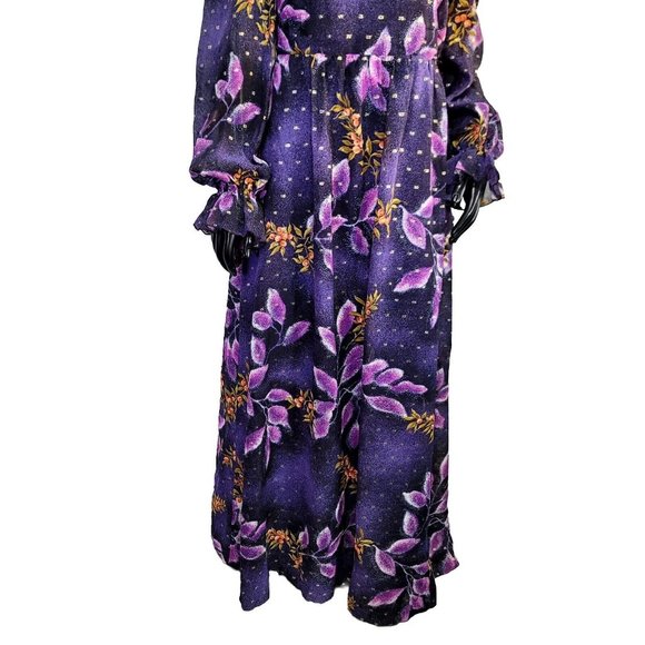 Vintage 70s Vera‎ Mont Paris Purple Floral Print Maxi Dress Ruffle Collar L/S - Picture 4 of 14